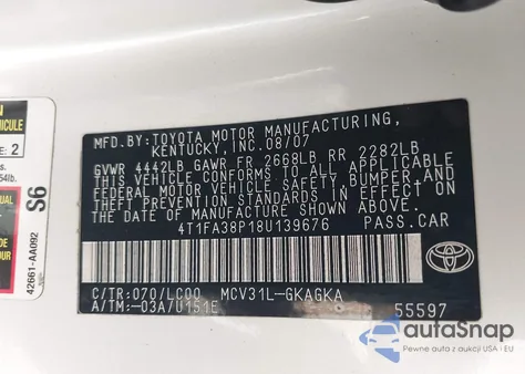 2008 Toyota Camry Solara Sle from USA, damaged, VIN 4T1FA38P18U139676